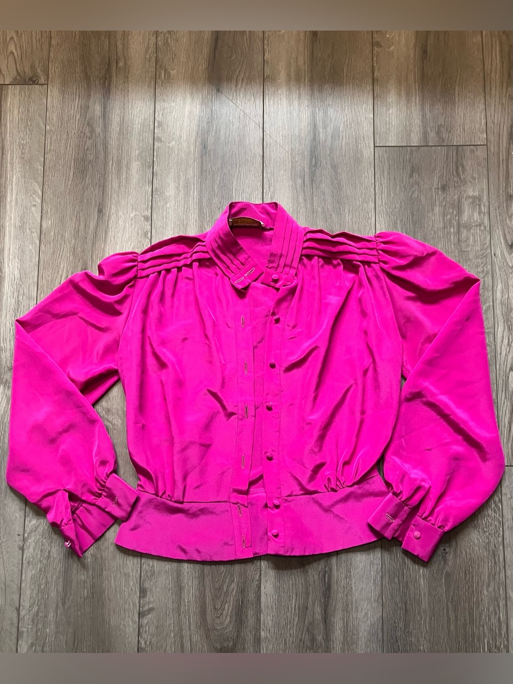 Vintage Petite Collection 80s Fuchsia Pleated Shoulder Peplum Blouse Button Up S